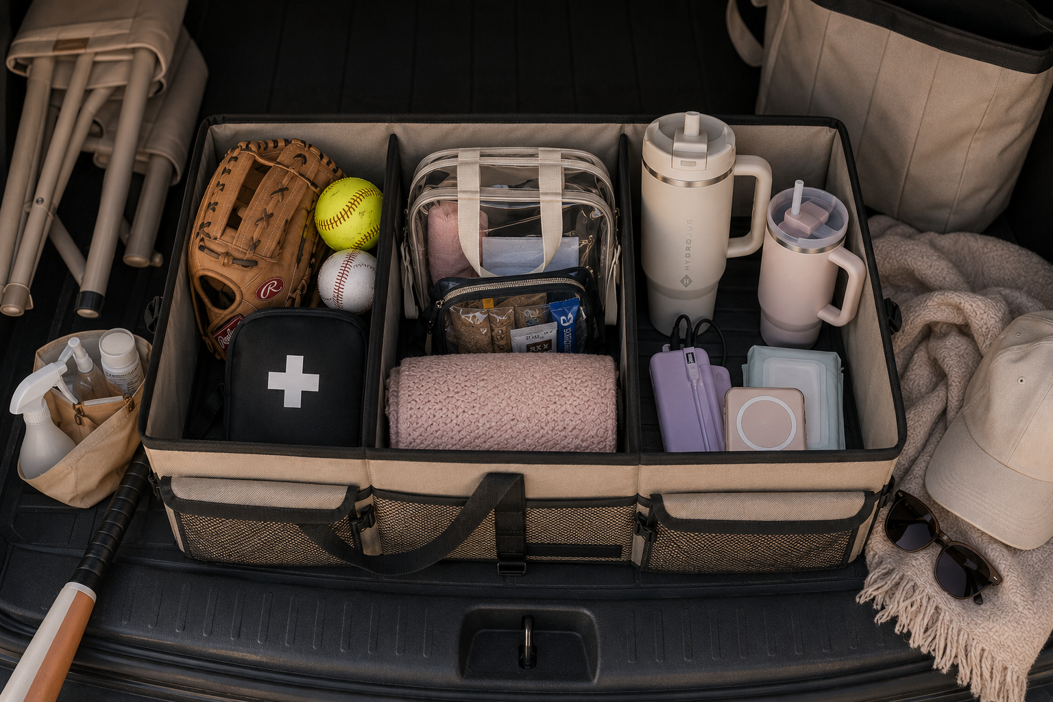 Organized trunk setup with sports gear and essentials
