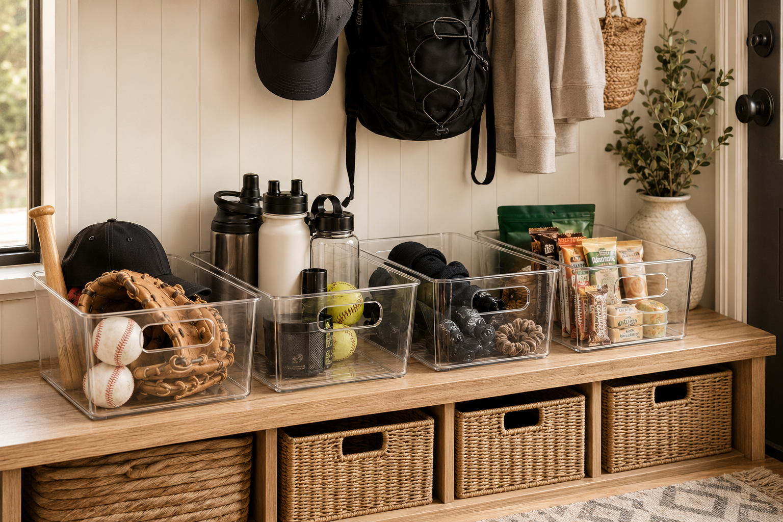 Organized family drop zone with clear storage bins
