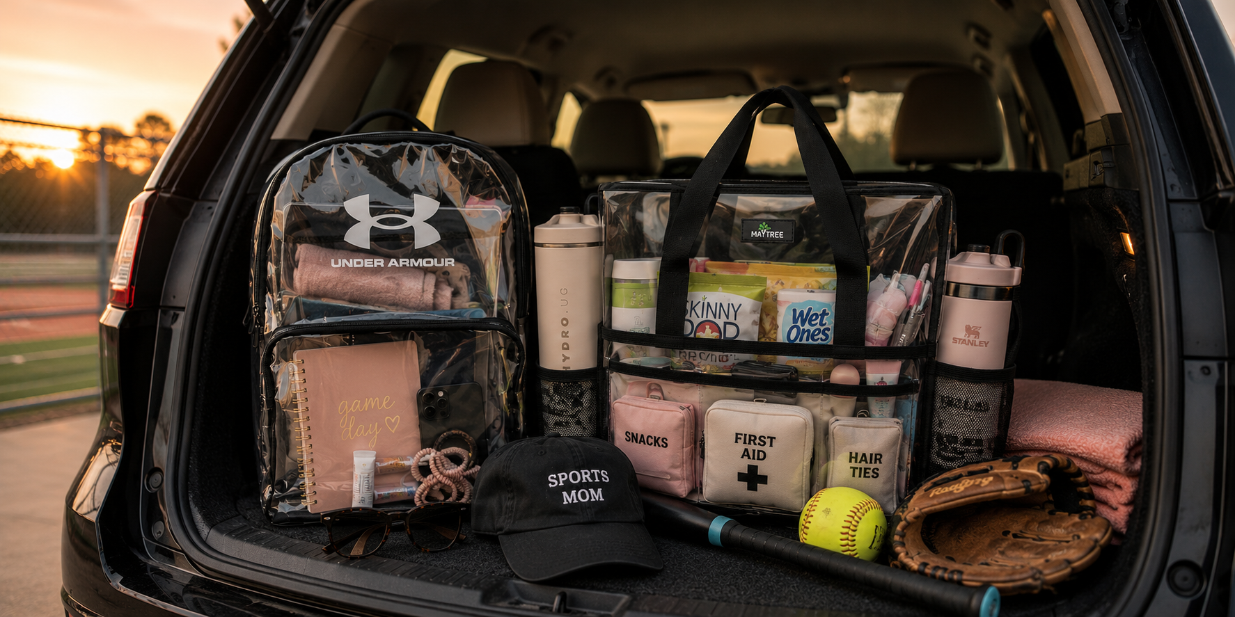 Sports mom clear bags in SUV trunk