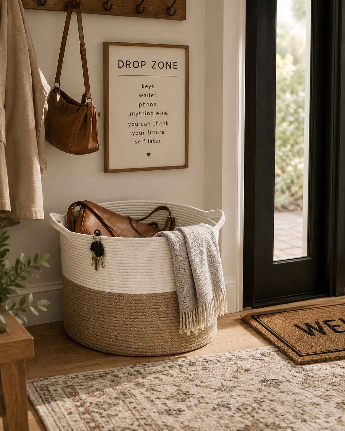 Aesthetic front door drop zone basket