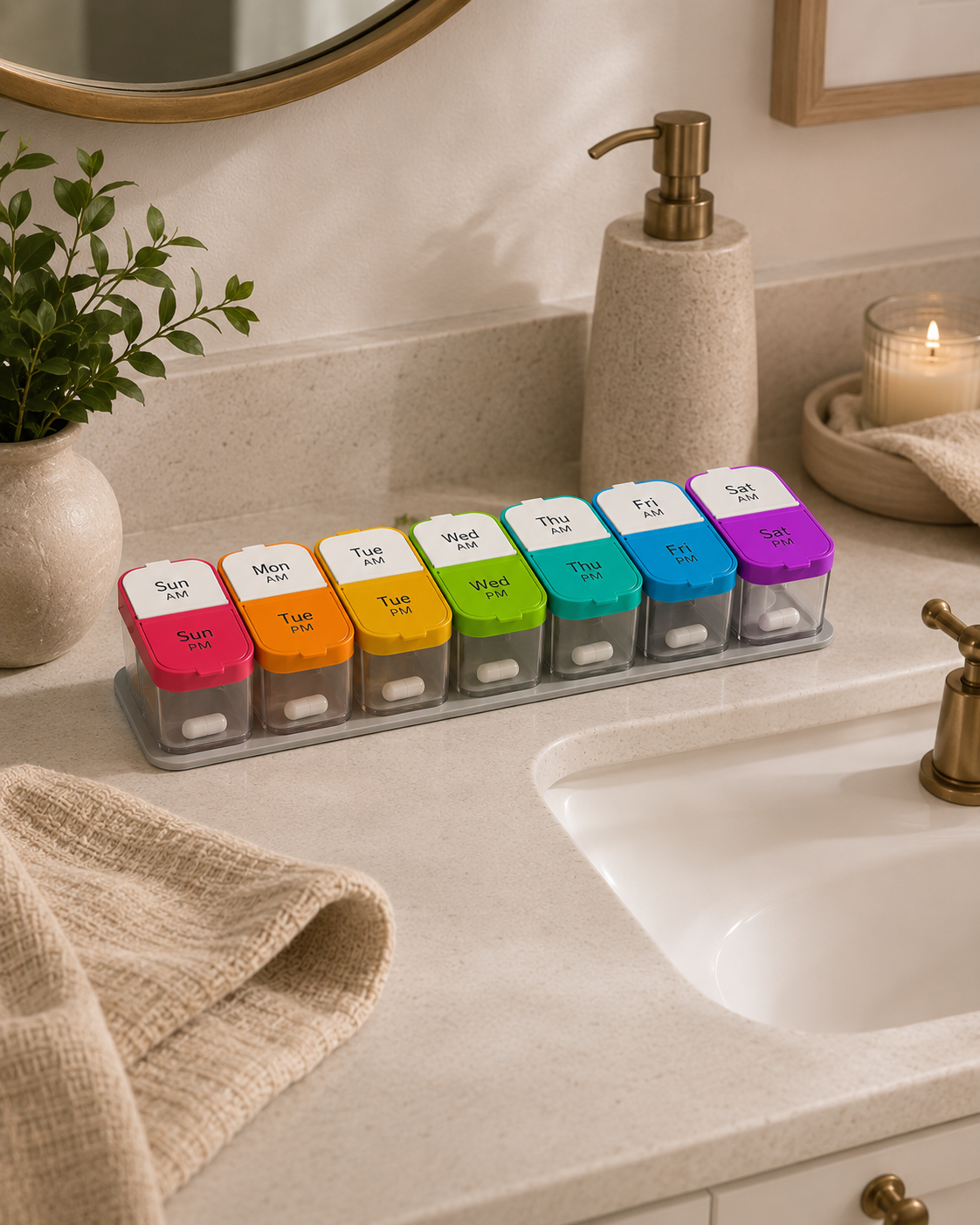 Colorful weekly pill organizer on a cozy bathroom counter